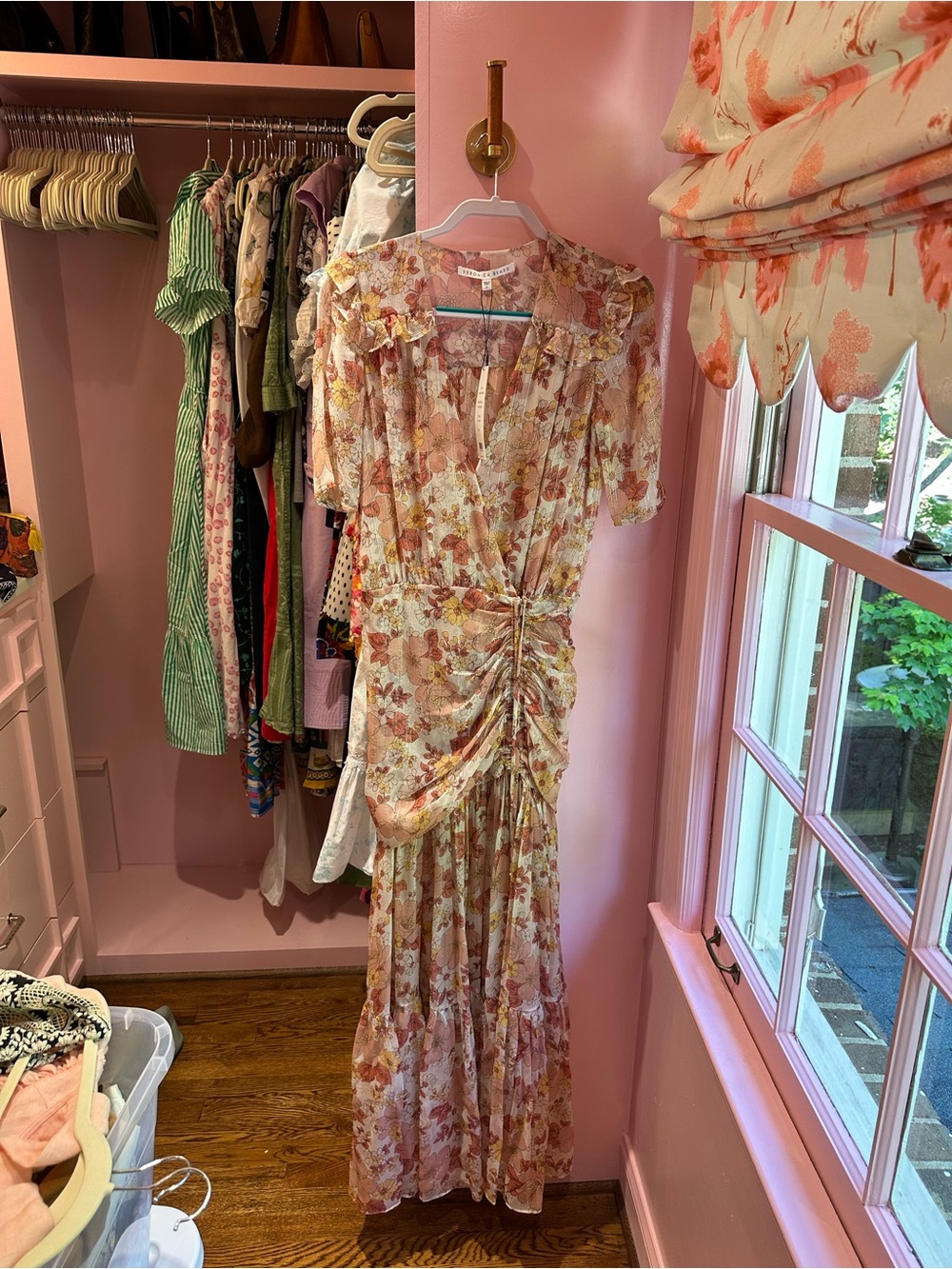 Veronica Beard Pink and Cream Floral Ruched Maxi Dress